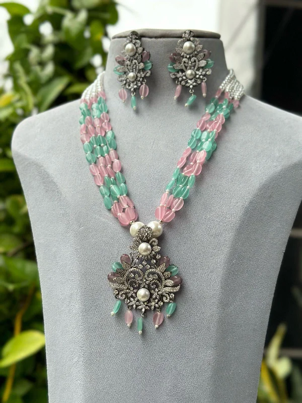 Malachite earrings-Classic Multi Strand Indian Polki Necklace Earrings Set, Indian Polki Jewelry, Traditional Multi Strand Polki Necklace Set, Bollywood Polki Layer Jewelry Set