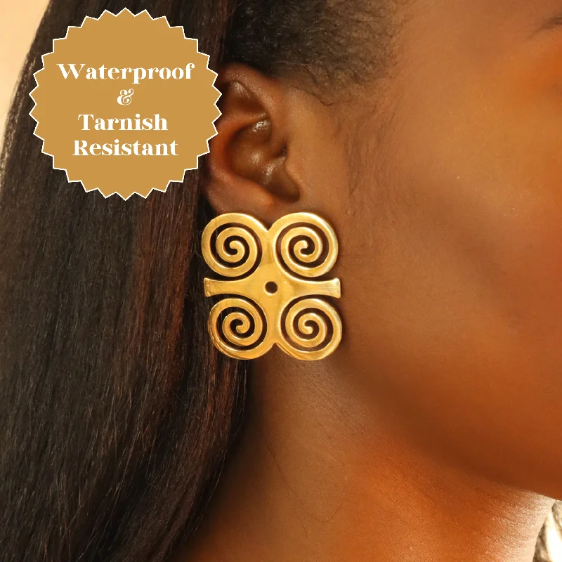 Freeform design earrings-Adinkra 18ct gold plated stainless steel tarnish resistant earrings