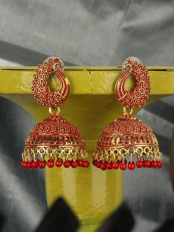 Thick hoop earrings-Peacock Shape Maroon Gold Plated Earring For Girls and Women