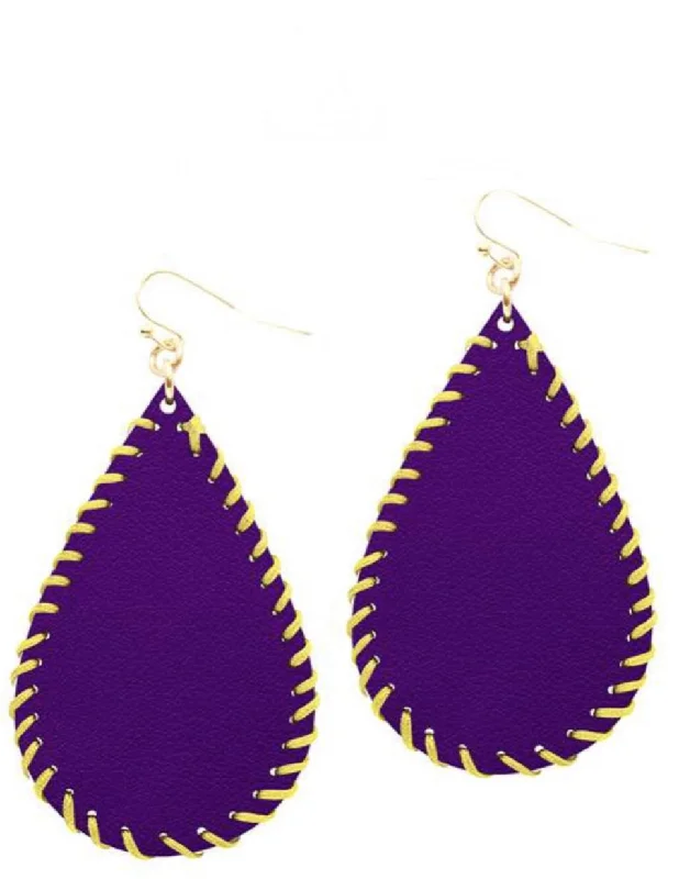 Large statement earrings-College Football Leather Sport Earrings (drop) Purple and Yellow