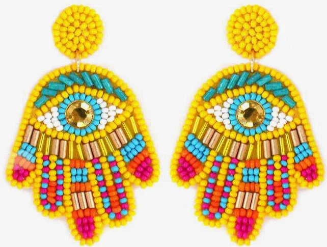 Natural wood earrings-Evil Eye Protection Seed Bead Hamsa Shape Earrings