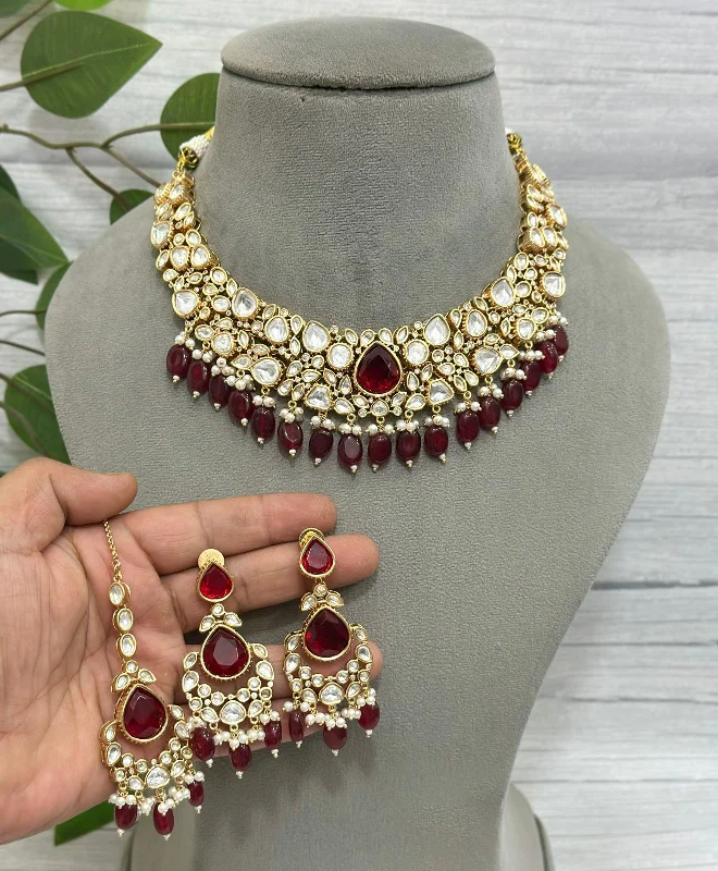 Curled wire earrings-Red Festive Polki Choker Earrings Mangtika Set, Red Polki Jewelry, Indian Ethnic Jewelry, Wedding Choker Set, Celebrity Inspired Jewelry Set