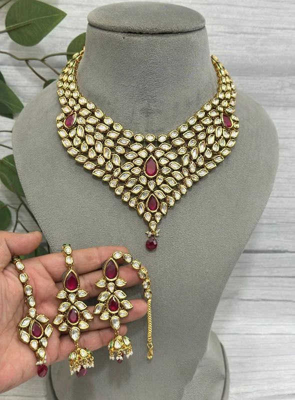 Garnet stud earrings-Meenakari Festive Choker Earrings Mangtika Jewelry, Meenakari Pakistani Jewelry Set, Indian Choker Set, Wedding Meenakari Choker Set, Bridal Jewelry