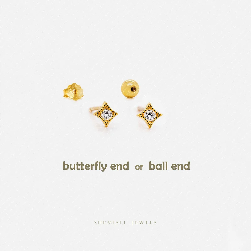 Radiant star earrings-Tiny Twinkle Star CZ Studs, Unisex, Gold, Silver SHEMISLI SS645 Butterfly End, SS646 Screw Ball End (Type A)