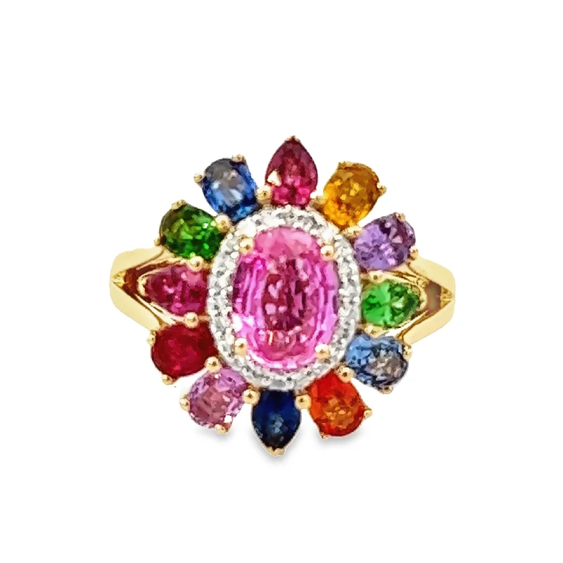 Monthly birthstone rings-Rainbow Sapphire & Diamonds Ring with Oval Center Pink Sapphire