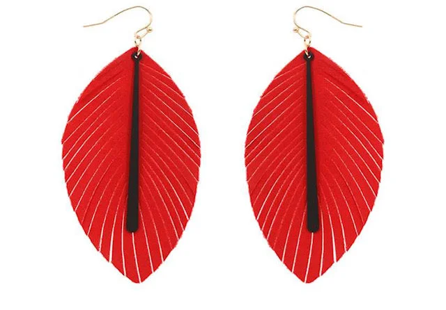 Rough texture earrings-Red and Black Leather Feather with Bar Sport Earrings