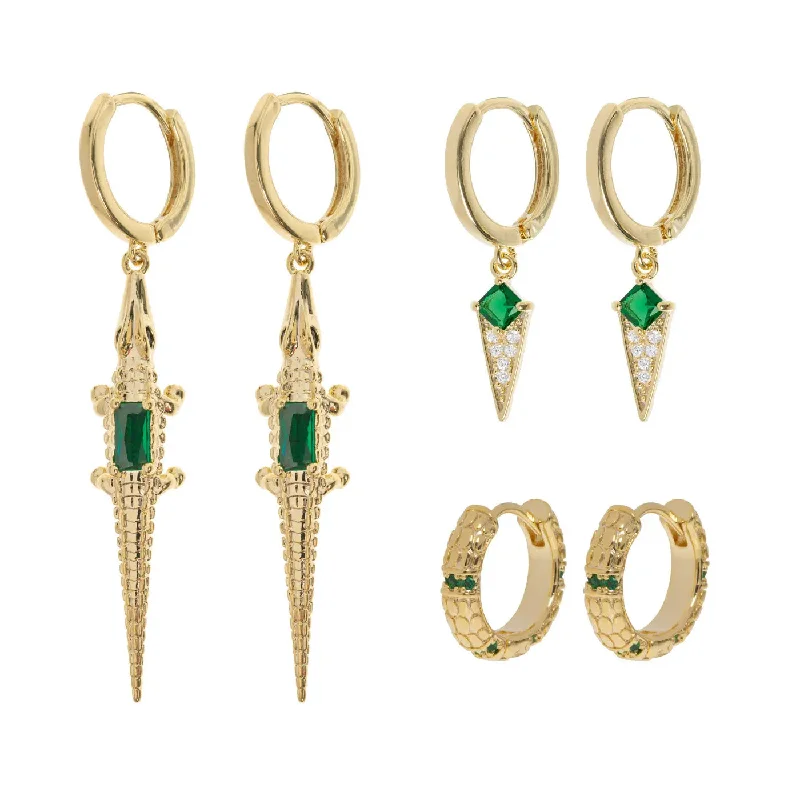 Ceramic clay earrings-Green Crystal Crocodile Earring Set