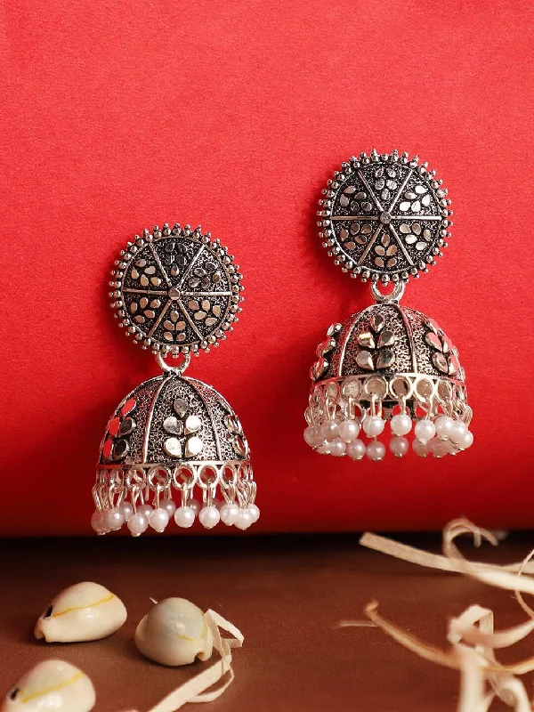 Sleek bar earrings-Silver White Oxidized Stud Beaded Jhumki Earrings for Girls and Women