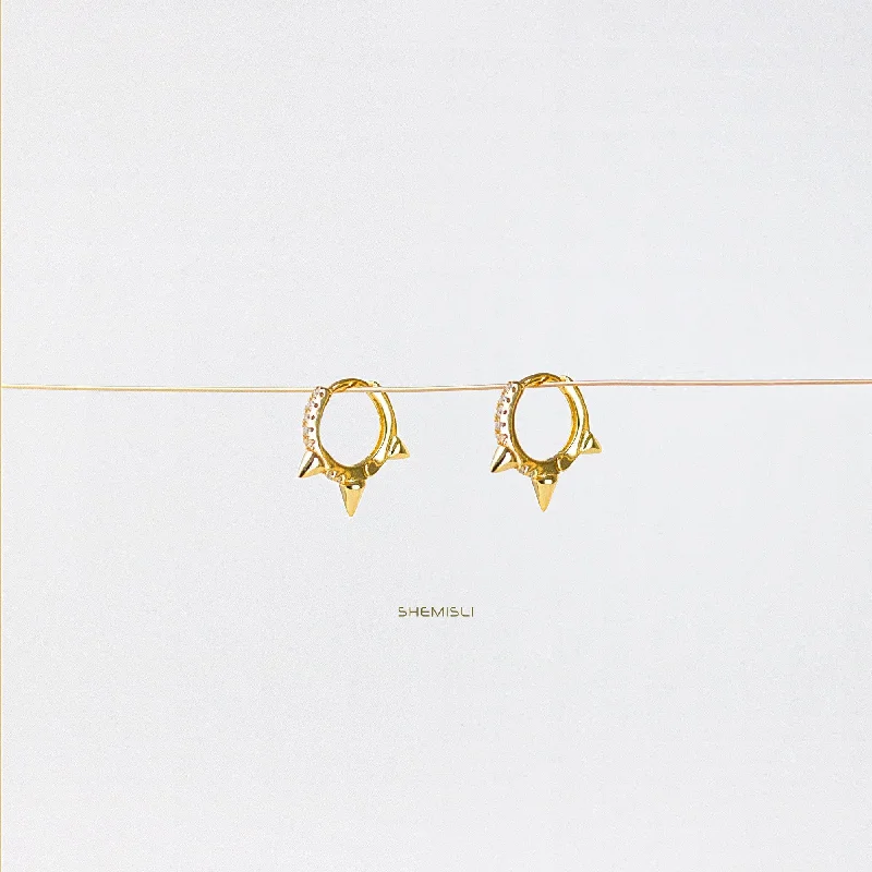 Glittering crystal earrings-Spike CZ Hoop Earrings, Huggies, Gold, Silver SHEMISLI SH095