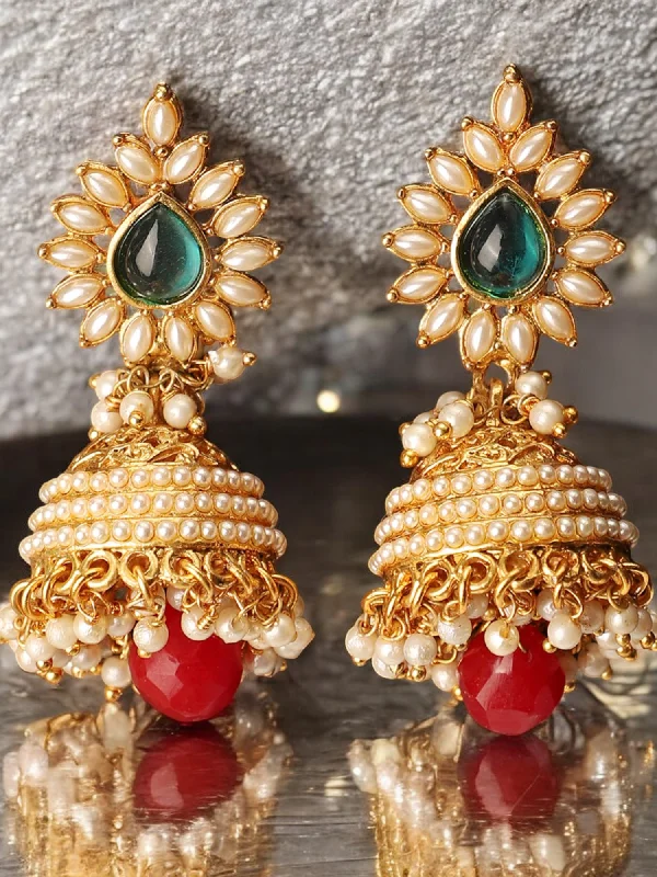 Triangular stud earrings-Pearl and Stone Designer Gold Plated Multicolour Drop Jhumka Earring Set