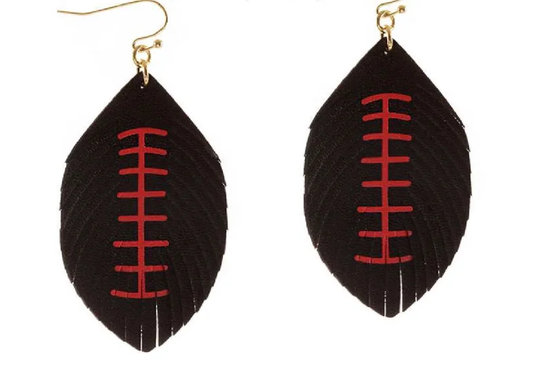 Bird feather earrings-Feathered Football Leather Sport Earrings Red and Black