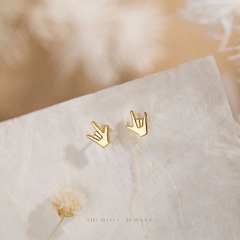 Flat coin earrings-Tiny I Love You Hand Sign Gesture Stud Earrings, Unisex, Gold, Silver SHEMISLI SS675 Butterfly End, SS676 Screw Ball End (Type A) LR