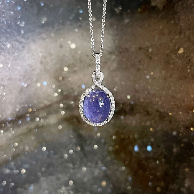 Stacked chain necklaces-Tanzanite Cabochon and Diamond Necklace