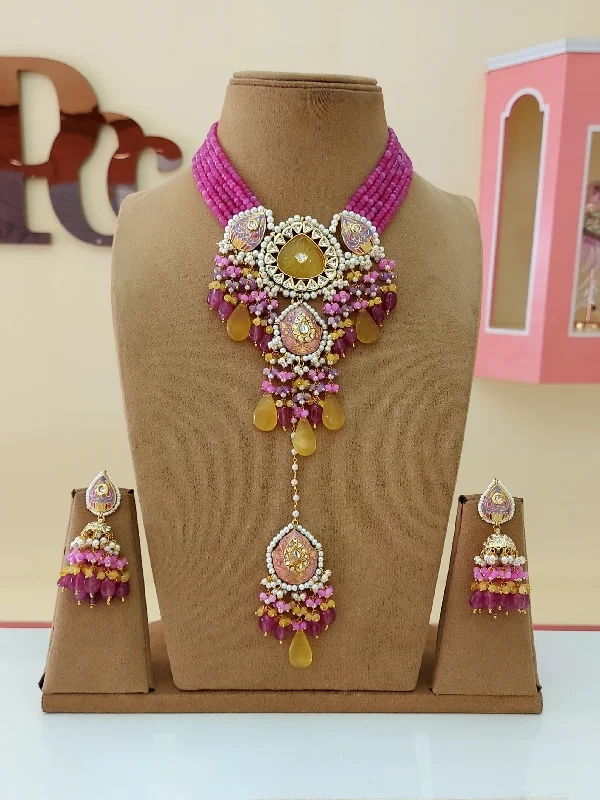 Glimmering druzy earrings-Rajsthani Ethnic Meenakari Necklace Earrings Maangtika Set, Jaipuri Wedding Meenakari Jewelry Set, Indian Jewelry Set, Bollywood Wedding Necklace Set, Bridal Necklace Set