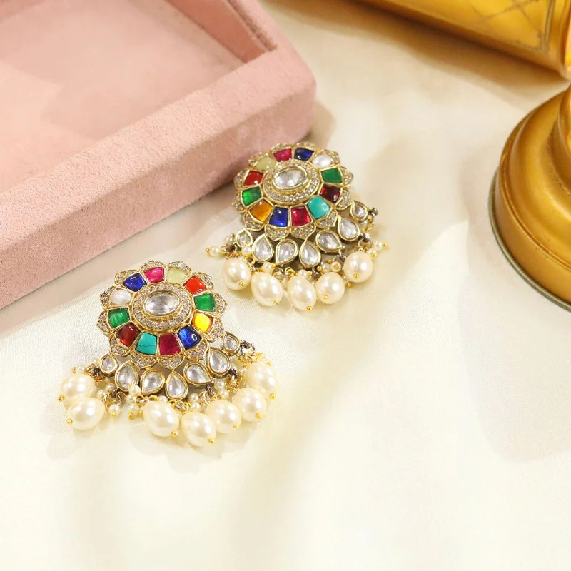 Artistic shape earrings-Traditional Indian Earrings with best Stone and Clear Crystals for Weddings and special events