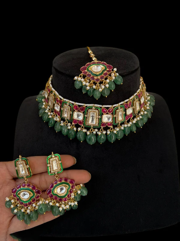 Tiny star earrings-Intricate Green Polki Choker Earrings Mangtika Set, Indian Polki Choker Set, Bridal Mangtika Jewelry Set, Polki Earrings Set, Bollywood Polki Jewelry