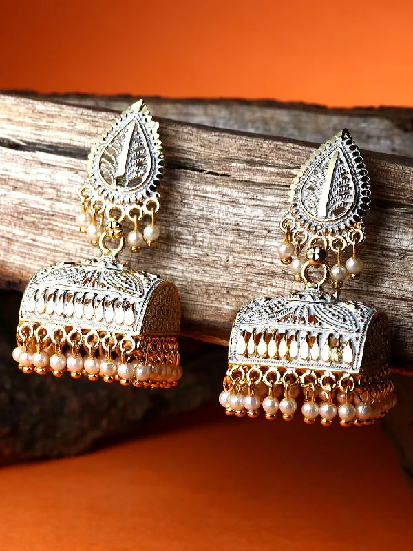 Glittering gem earrings-Square Shape Classic Designed Gold Plate Jhumka Earrings For Women And Girls , White Beads Jhumki Earring