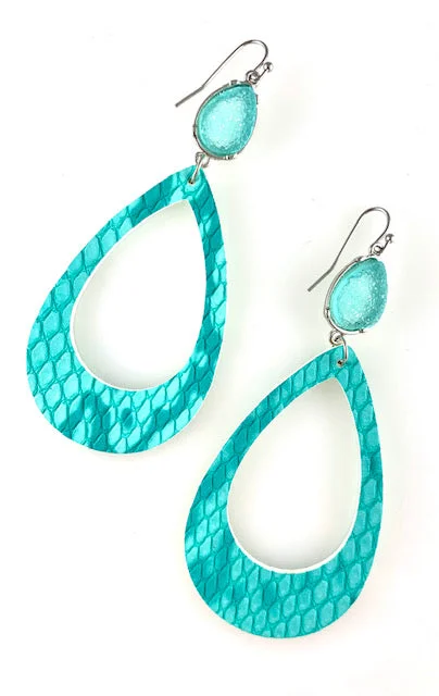 Coral motif earrings-Turquoise Snake Skin Print Faux Leather Earrings