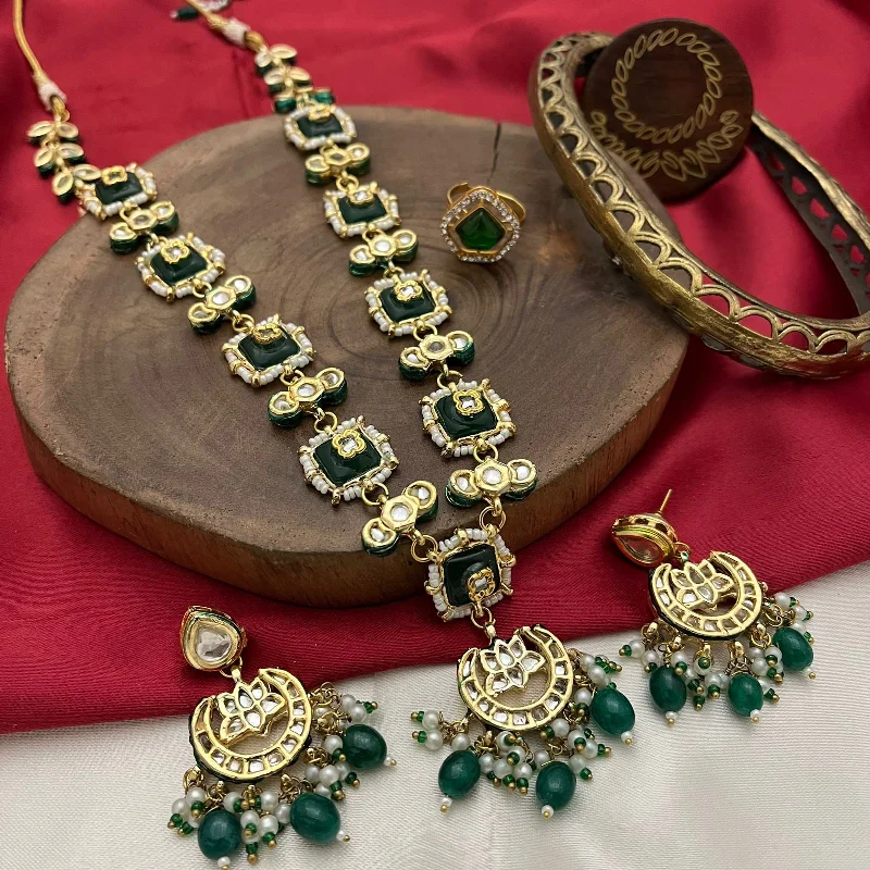 Silk tassel earrings-Rajsthani Traditional Gold Plated Kundan Necklace Set, Jaipuri Ethnic Kundan Necklace Earrings Set, Indian Traditional Kundan Jewelry Set, Bollywood Kundan Jewelry Set, Indian Wedding Kundan Beaded Necklace Earrings Set