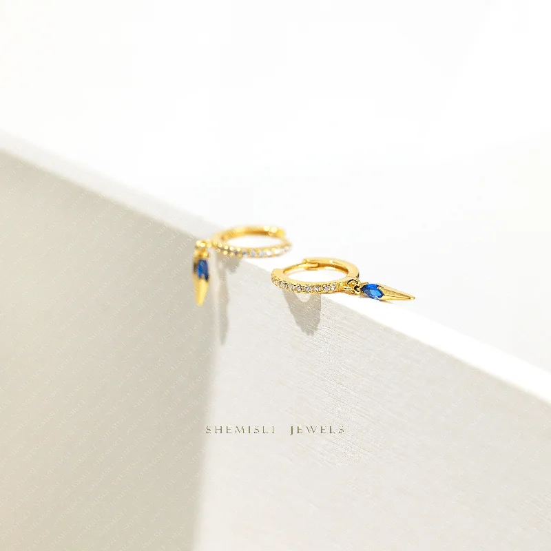 Ethnic weave earrings-Spike Sapphire CZ Hoop Earrings, Gold, Silver SHEMISLI SH374