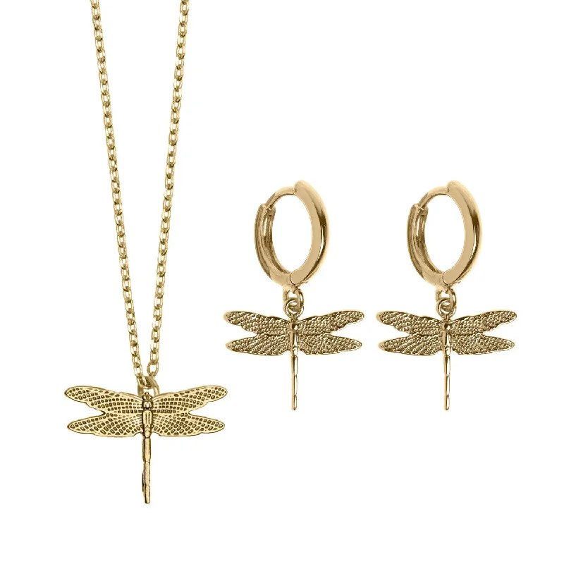 Bird feather earrings-Dragonfly Set Necklace and Earrings