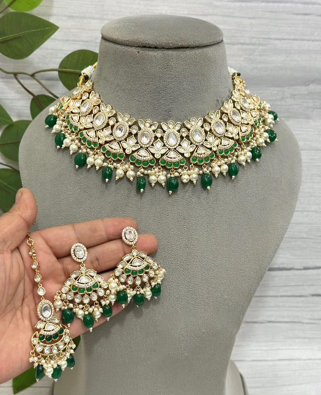 Simple stud earrings-Floral Green Polki Choker Earrings Mangtika Set, Floral Polki Jewelry Set, Indian Polki Jewelry, Celebrity Polki Jewelry Set