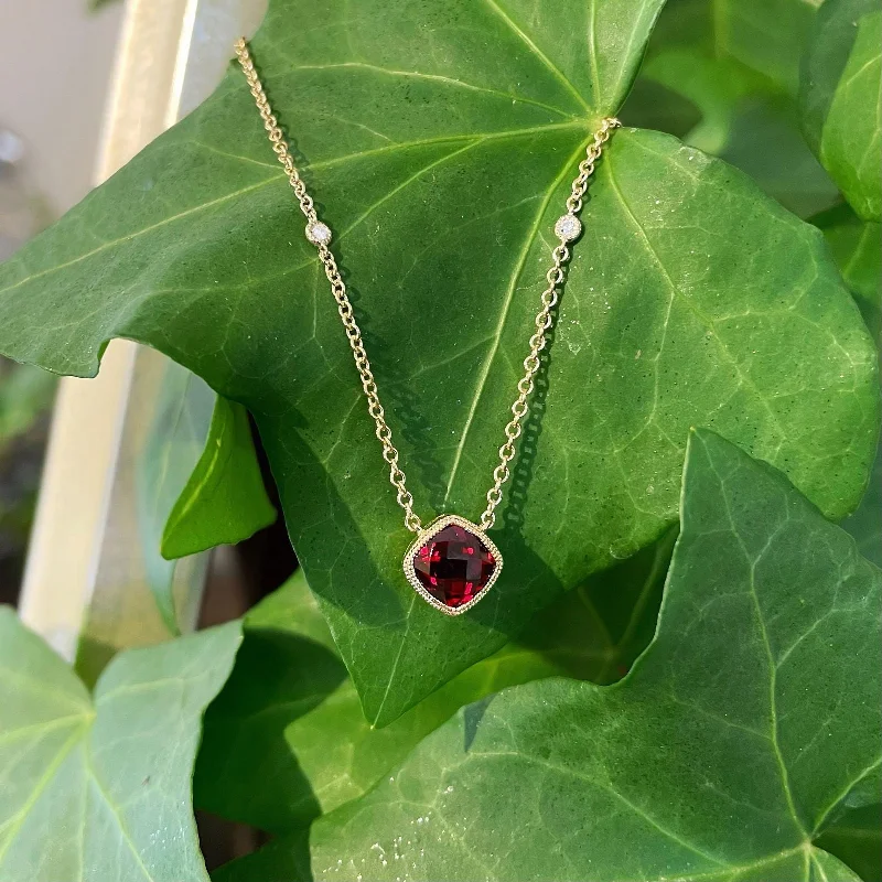 Leaf design necklaces-Red Garnet and Diamond Necklace