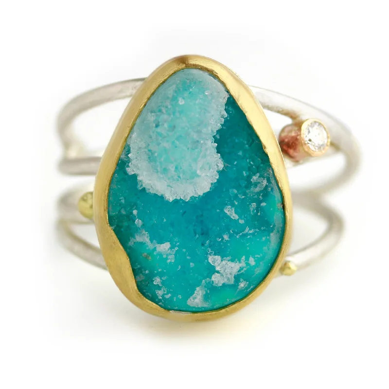 Bird feather rings-Chrysocolla Druzy Ring on Swirled Band with Diamond. Size 6 1/2.