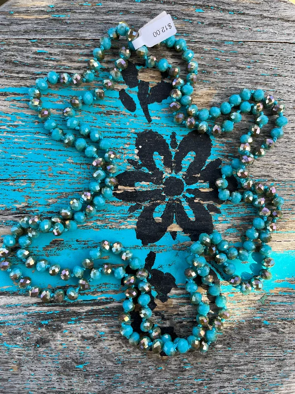 Wide collar necklaces-60" Hand Knotted TURQUOISE/TAUPE Bead Necklace