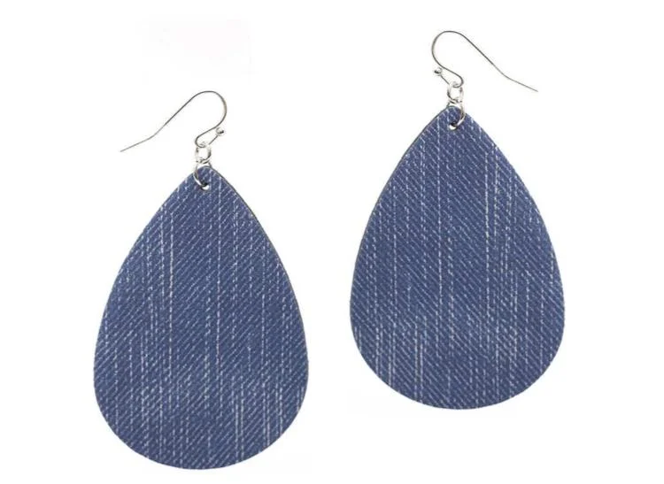 Retro deco earrings-BLUE DENIM FAUX LEATHER DROP EARRINGS