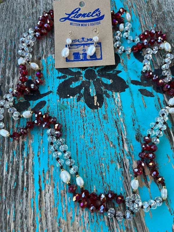 Ethnic woven necklaces-Burgundy & Clear Beads w/ Freshwater Pearl 60" Necklace