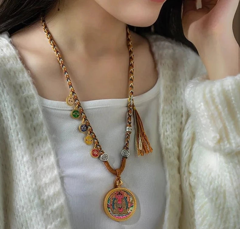 Agate slice necklaces-Manifest Abundance Tibetan Thangka Necklace