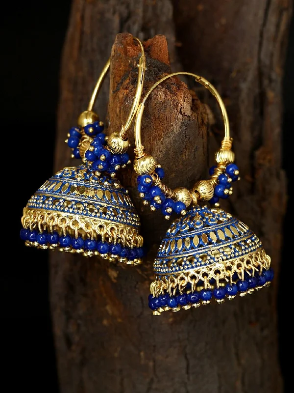 Carved wood earrings-Blue & Gold-Plated Alloy Oxidized Enamelled Dome Shaped Jhumkas Traditional Hoop Jhumki Earrings For Women and Girls