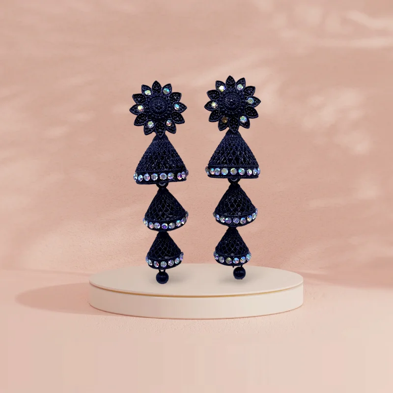 Oversized gem rings-Three Step All Black Zumkhi Earring