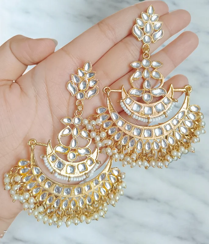 Open circle earrings-Gold Plated Kundan Pearl Indian Earrings Set,  Fine Kundan Earring, Indian Earrings, Chandbali Kundan