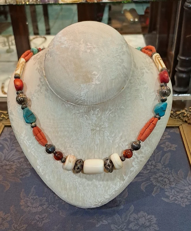 Sparkling gem necklaces-Necklace with Bone Stones amber corals turquoise stones and sterling silver