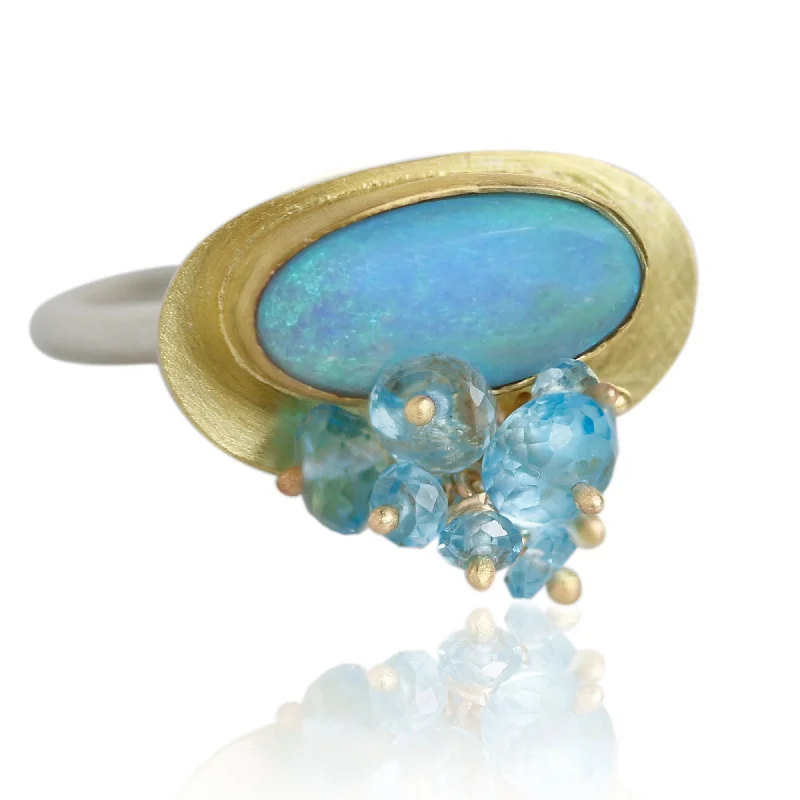 Dual-tone rings-Azure Blue and Green Opal Ring with Fringe. Size 7.