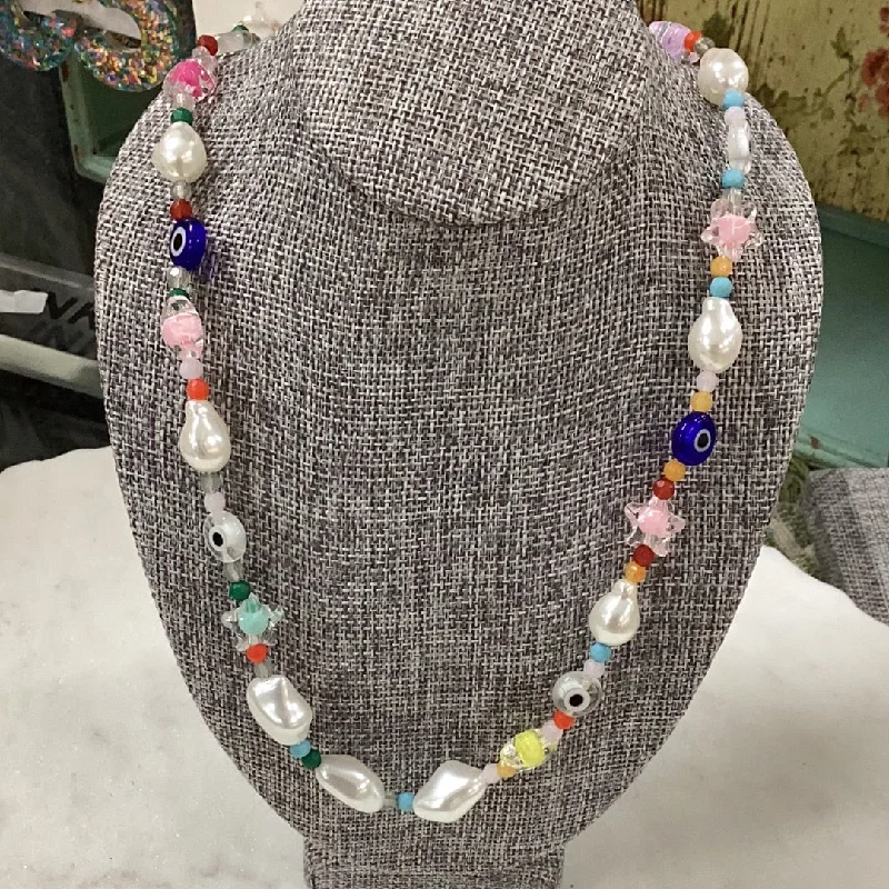 Zigzag pattern necklaces-Make a Wish Necklace, Pearl and Stone Colorful