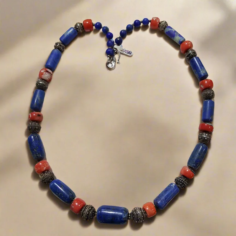 Coral reef necklaces-Necklace with Lapis Lazuli & Red Coral and sterling silver elements