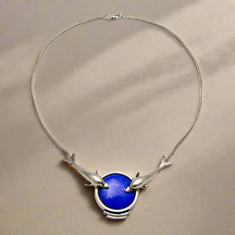 Horizontal bar necklaces-Minoan Dolphins Lapis Lazuli Sterling Silver Necklace (PE-14)