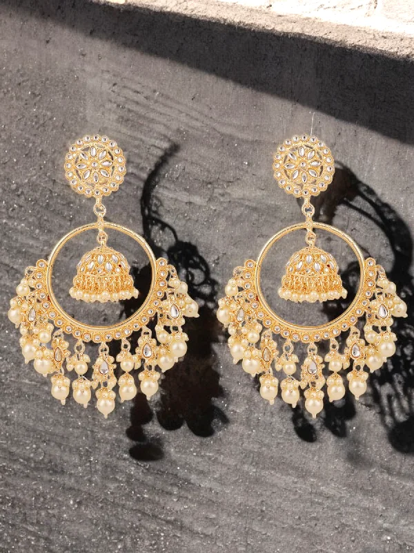 Uneven pair earrings-Indian Gold Hoop Pearl Kundan Earrings Set, Statement Earrings, Bollywood Earrings, Indian Earrings Jewelry, Bridal Pearl Kundan