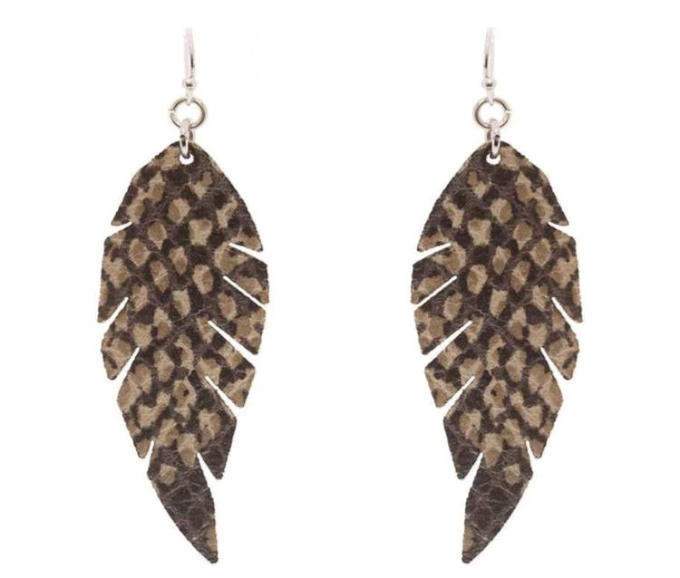 Thin gold earrings-BEIGE SNAKE SKIN STYLE FAUX LEATHER FEATHER EARRINGS