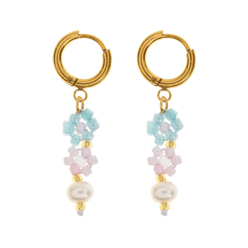 Ornate drop earrings-Fanny - Flower and Pearl Colorful Bead Summer Hoop Earrings