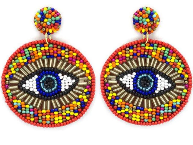 Flat coin earrings-Evil Eye Protection Seed Bead Earrings