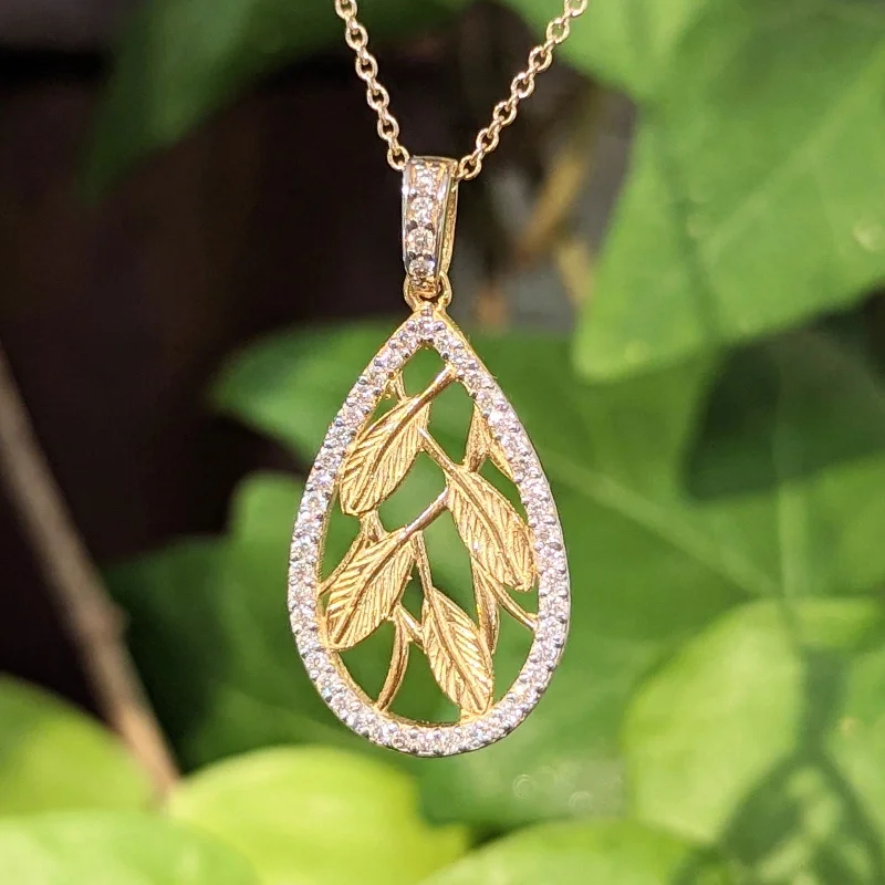 Astrology sign necklaces-Etched leaf Diamond accented necklace