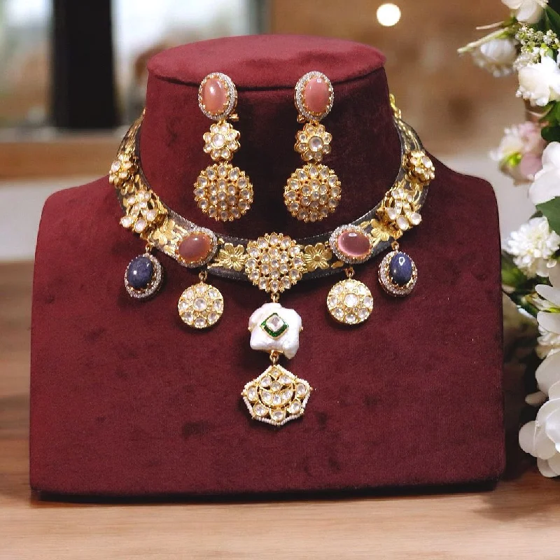 Triangular stud earrings-Regal Gold-Plated Polki Necklace Matching Earrings Set, Adorned Polki Indian Jewelry Set, Pakistani Bridal Polki Choker Set, Bollywood Polki Jewelry Set, Indian Traditional Polki Necklace Set