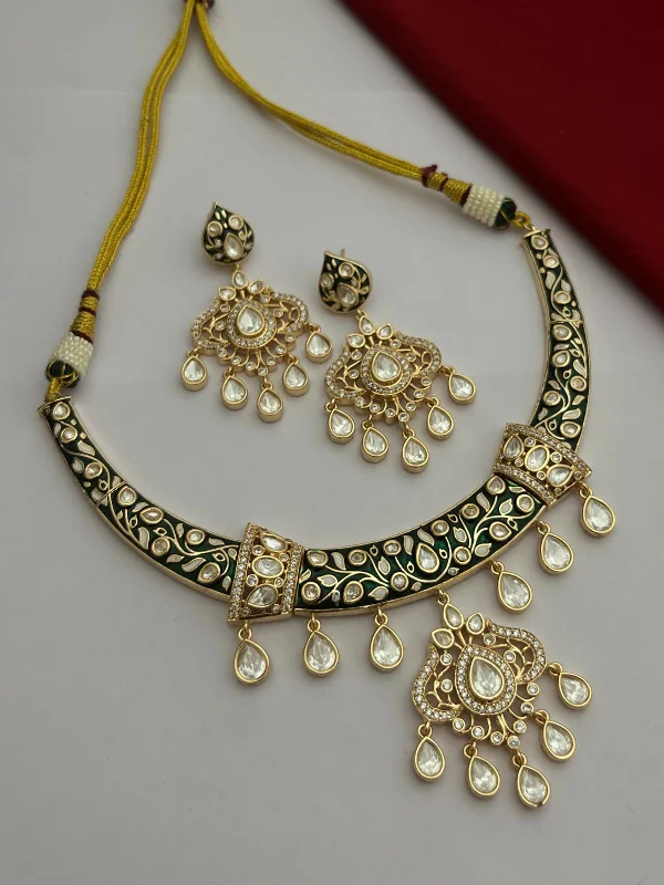 Tiny star earrings-Enamel Drops AD Bridal Choker Floral Earrings Set, AD Wedding Choker Set, Indian Choker Jewelry, Celebrities American Diamond Choker Set, CZ Bollywood Jewellery, Indian AD Jewellery, Bridal Jewelry