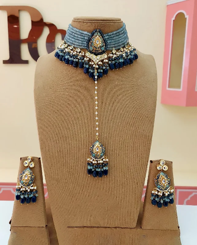 Beaded cluster earrings-Indian Blue Traditional Choker Earrings Maangtika Set, Indian Blue Ethnic Jewelry Set, Bollywood Inspired Traditional Choker Set, Celebrity Jewelry Set, Wedding Earrings  Maangtika Set