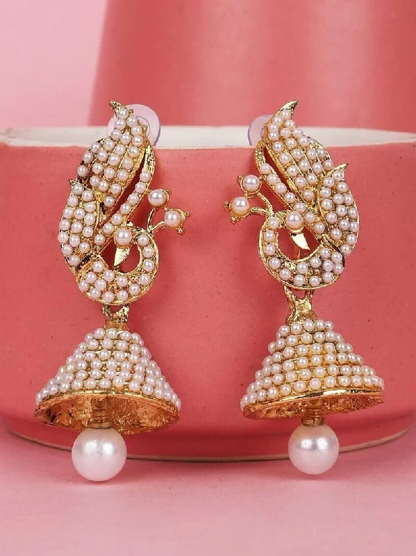 Retro deco earrings-Pearl Jhumka Earrings, Peacock Shape, Pearl drop Earrings, Indian Wedding jewelry,  partywear handcrafted designer earrings