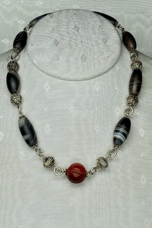 Frosted bead necklaces-Necklace in Sterling Silver with Carnelian and Old Sardonyx